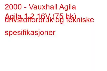 2000 - Vauxhall Agila
Agila 1.2 16V (75 hk) drivstofforbruk og tekniske spesifikasjoner