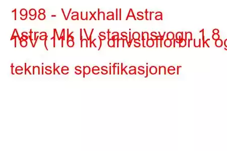 1998 - Vauxhall Astra
Astra Mk IV stasjonsvogn 1.8 16V (116 hk) drivstofforbruk og tekniske spesifikasjoner