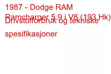 1987 - Dodge RAM
Ramcharger 5.9 i V8 (193 Hk) Drivstofforbruk og tekniske spesifikasjoner