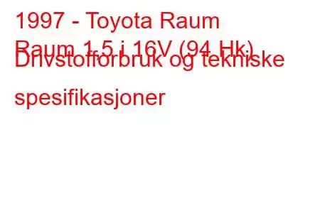 1997 - Toyota Raum
Raum 1,5 i 16V (94 Hk) Drivstofforbruk og tekniske spesifikasjoner