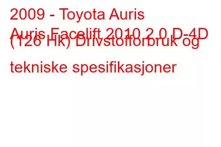 2009 - Toyota Auris
Auris Facelift 2010 2.0 D-4D (126 Hk) Drivstofforbruk og tekniske spesifikasjoner