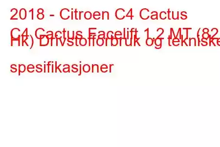 2018 - Citroen C4 Cactus
C4 Cactus Facelift 1,2 MT (82 Hk) Drivstofforbruk og tekniske spesifikasjoner