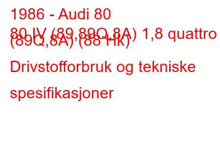 1986 - Audi 80
80 IV (89,89Q,8A) 1,8 quattro (89Q,8A) (88 Hk) Drivstofforbruk og tekniske spesifikasjoner