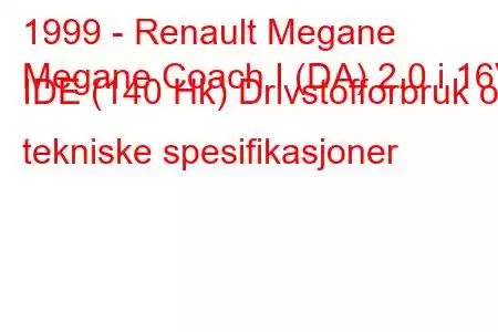 1999 - Renault Megane
Megane Coach I (DA) 2.0 i 16V IDE (140 Hk) Drivstofforbruk og tekniske spesifikasjoner