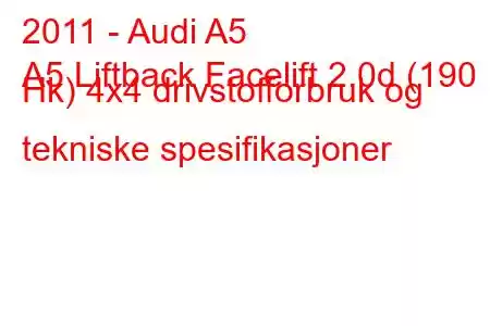 2011 - Audi A5
A5 Liftback Facelift 2.0d (190 Hk) 4x4 drivstofforbruk og tekniske spesifikasjoner