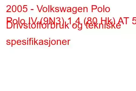 2005 - Volkswagen Polo
Polo IV (9N3) 1,4 (80 Hk) AT 5d Drivstofforbruk og tekniske spesifikasjoner