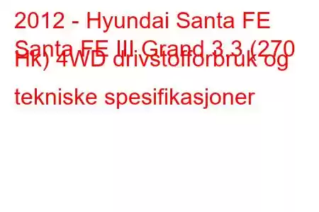 2012 - Hyundai Santa FE
Santa FE III Grand 3.3 (270 Hk) 4WD drivstofforbruk og tekniske spesifikasjoner