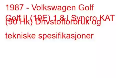 1987 - Volkswagen Golf
Golf II (19E) 1.8 i Syncro KAT (90 Hk) Drivstofforbruk og tekniske spesifikasjoner