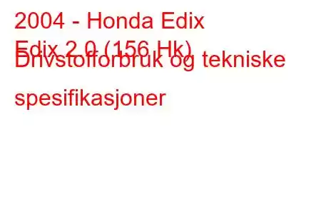 2004 - Honda Edix
Edix 2.0 (156 Hk) Drivstofforbruk og tekniske spesifikasjoner