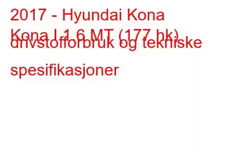 2017 - Hyundai Kona
Kona I 1.6 MT (177 hk) drivstofforbruk og tekniske spesifikasjoner