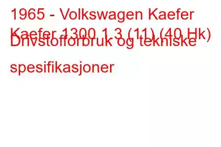 1965 - Volkswagen Kaefer
Kaefer 1300 1.3 (11) (40 Hk) Drivstofforbruk og tekniske spesifikasjoner