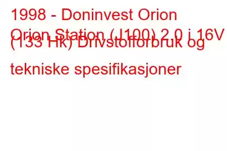 1998 - Doninvest Orion
Orion Station (J100) 2.0 i 16V (133 Hk) Drivstofforbruk og tekniske spesifikasjoner