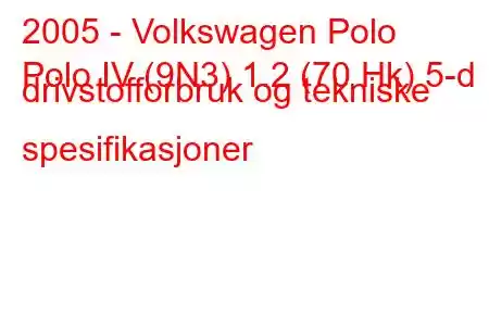 2005 - Volkswagen Polo
Polo IV (9N3) 1.2 (70 Hk) 5-d drivstofforbruk og tekniske spesifikasjoner