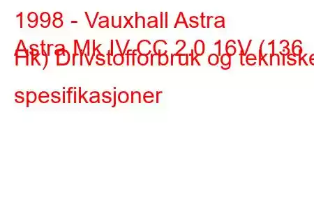 1998 - Vauxhall Astra
Astra Mk IV CC 2.0 16V (136 Hk) Drivstofforbruk og tekniske spesifikasjoner