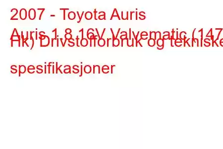 2007 - Toyota Auris
Auris 1.8 16V Valvematic (147 Hk) Drivstofforbruk og tekniske spesifikasjoner