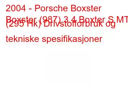 2004 - Porsche Boxster
Boxster (987) 3.4 Boxter S MT (295 Hk) Drivstofforbruk og tekniske spesifikasjoner