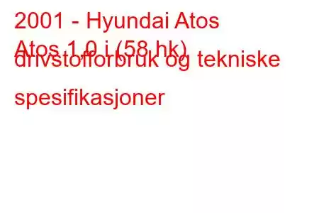 2001 - Hyundai Atos
Atos 1,0 i (58 hk) drivstofforbruk og tekniske spesifikasjoner