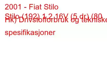 2001 - Fiat Stilo
Stilo (192) 1,2 16V (5 dr) (80 Hk) Drivstofforbruk og tekniske spesifikasjoner