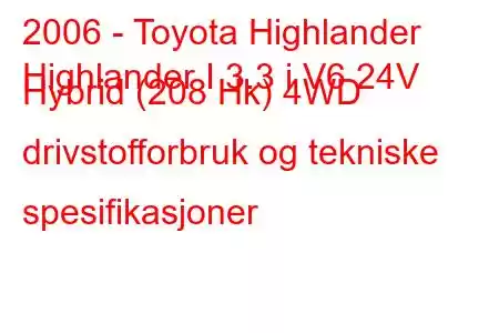 2006 - Toyota Highlander
Highlander I 3.3 i V6 24V Hybrid (208 Hk) 4WD drivstofforbruk og tekniske spesifikasjoner