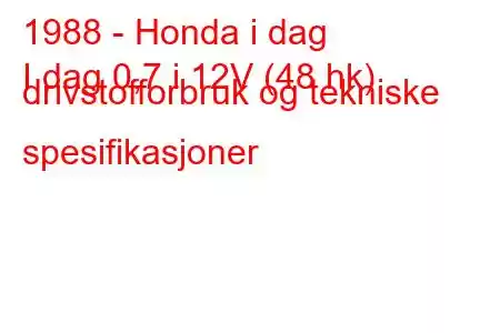 1988 - Honda i dag
I dag 0,7 i 12V (48 hk) drivstofforbruk og tekniske spesifikasjoner