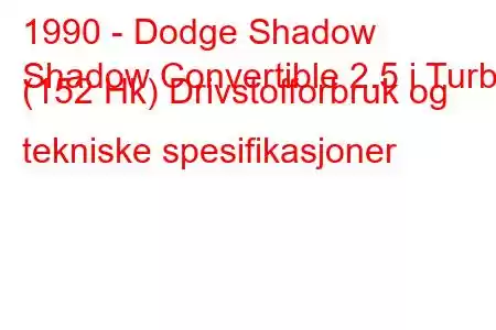 1990 - Dodge Shadow
Shadow Convertible 2.5 i Turbo (152 Hk) Drivstofforbruk og tekniske spesifikasjoner