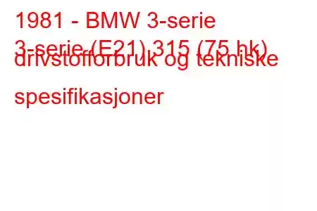 1981 - BMW 3-serie
3-serie (E21) 315 (75 hk) drivstofforbruk og tekniske spesifikasjoner