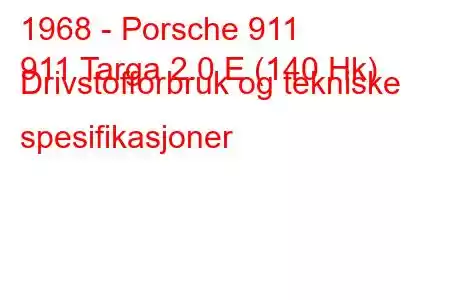 1968 - Porsche 911
911 Targa 2.0 E (140 Hk) Drivstofforbruk og tekniske spesifikasjoner