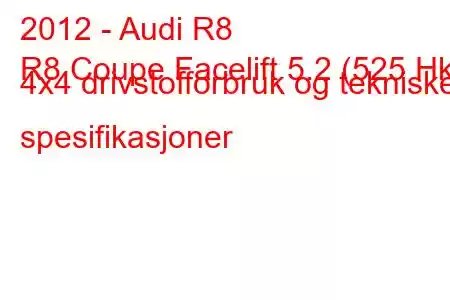 2012 - Audi R8
R8 Coupe Facelift 5.2 (525 Hk) 4x4 drivstofforbruk og tekniske spesifikasjoner