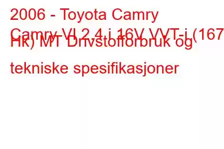 2006 - Toyota Camry
Camry VI 2.4 i 16V VVT-i (167 Hk) MT Drivstofforbruk og tekniske spesifikasjoner