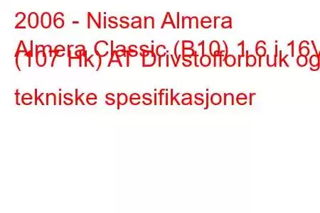 2006 - Nissan Almera
Almera Classic (B10) 1.6 i 16V (107 Hk) AT Drivstofforbruk og tekniske spesifikasjoner