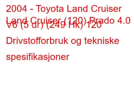 2004 - Toyota Land Cruiser
Land Cruiser (120) Prado 4.0 V6 (5 dr) (249 Hk) 120 Drivstofforbruk og tekniske spesifikasjoner