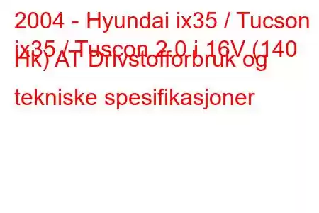 2004 - Hyundai ix35 / Tucson
ix35 / Tuscon 2.0 i 16V (140 Hk) AT Drivstofforbruk og tekniske spesifikasjoner