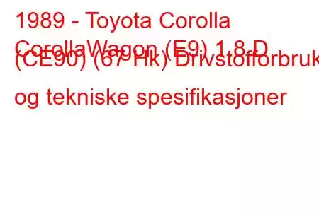 1989 - Toyota Corolla
CorollaWagon (E9) 1.8 D (CE90) (67 Hk) Drivstofforbruk og tekniske spesifikasjoner