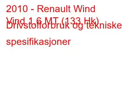 2010 - Renault Wind
Vind 1,6 MT (133 Hk) Drivstofforbruk og tekniske spesifikasjoner