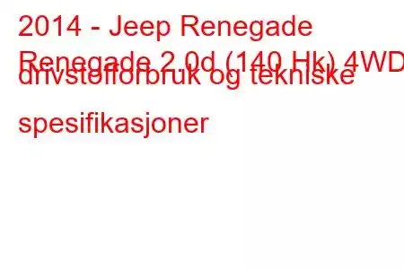 2014 - Jeep Renegade
Renegade 2.0d (140 Hk) 4WD drivstofforbruk og tekniske spesifikasjoner