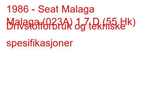 1986 - Seat Malaga
Malaga (023A) 1,7 D (55 Hk) Drivstofforbruk og tekniske spesifikasjoner