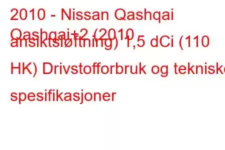 2010 - Nissan Qashqai
Qashqai+2 (2010 ansiktsløftning) 1,5 dCi (110 HK) Drivstofforbruk og tekniske spesifikasjoner