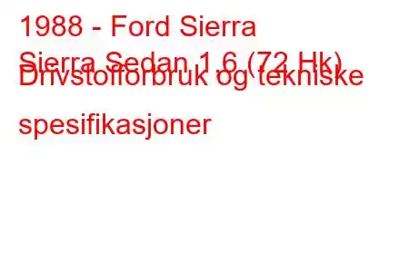 1988 - Ford Sierra
Sierra Sedan 1,6 (72 Hk) Drivstofforbruk og tekniske spesifikasjoner