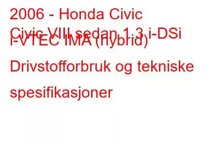 2006 - Honda Civic
Civic VIII sedan 1.3 i-DSi i-VTEC IMA (hybrid) Drivstofforbruk og tekniske spesifikasjoner