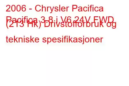 2006 - Chrysler Pacifica
Pacifica 3.8 i V6 24V FWD (213 Hk) Drivstofforbruk og tekniske spesifikasjoner