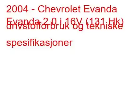 2004 - Chevrolet Evanda
Evanda 2.0 i 16V (131 Hk) drivstofforbruk og tekniske spesifikasjoner