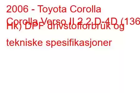 2006 - Toyota Corolla
Corolla Verso II 2.2 D-4D (136 Hk) DPF drivstofforbruk og tekniske spesifikasjoner