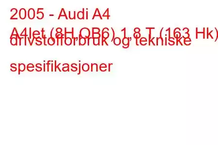 2005 - Audi A4
A4let (8H,QB6) 1,8 T (163 Hk) drivstofforbruk og tekniske spesifikasjoner