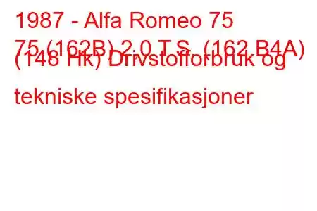 1987 - Alfa Romeo 75
75 (162B) 2,0 T.S. (162.B4A) (148 Hk) Drivstofforbruk og tekniske spesifikasjoner