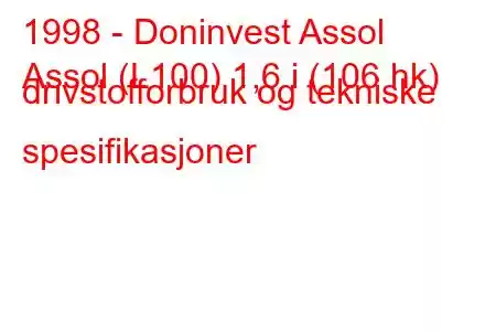 1998 - Doninvest Assol
Assol (L100) 1,6 i (106 hk) drivstofforbruk og tekniske spesifikasjoner