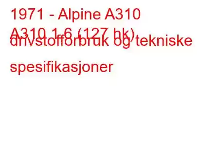 1971 - Alpine A310
A310 1,6 (127 hk) drivstofforbruk og tekniske spesifikasjoner