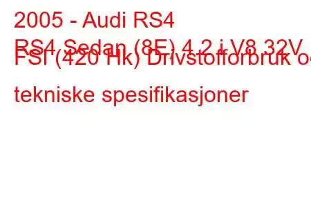 2005 - Audi RS4
RS4 Sedan (8E) 4.2 i V8 32V FSI (420 Hk) Drivstofforbruk og tekniske spesifikasjoner