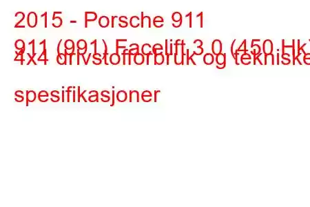 2015 - Porsche 911
911 (991) Facelift 3.0 (450 Hk) 4x4 drivstofforbruk og tekniske spesifikasjoner