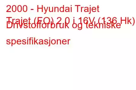 2000 - Hyundai Trajet
Trajet (FO) 2.0 i 16V (136 Hk) Drivstofforbruk og tekniske spesifikasjoner