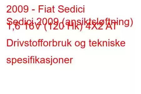 2009 - Fiat Sedici
Sedici 2009 (ansiktsløftning) 1,6 16V (120 Hk) 4X2 AT Drivstofforbruk og tekniske spesifikasjoner